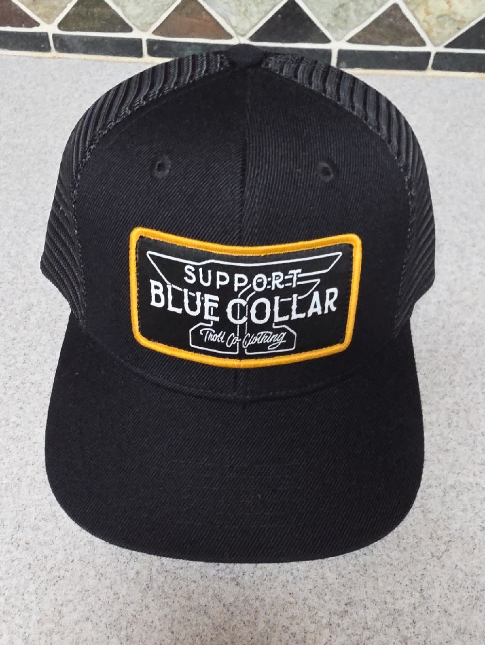 Support Blue Collar Black Trucker Hat with Gold Patch